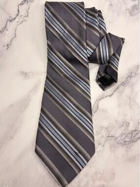Murano Silk Tie Gray Blue Striped Hand Tailored USA Mens Necktie Classic